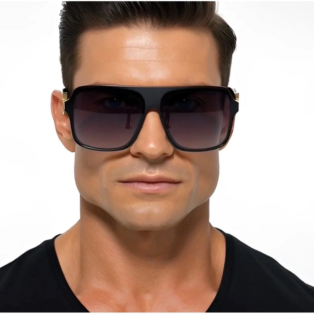 Retro Oversized Square Vintage Gold Metal Men Designer Fashion Sunglasses Luxury